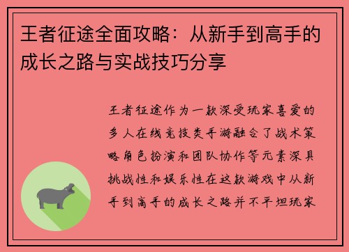 王者征途全面攻略：从新手到高手的成长之路与实战技巧分享